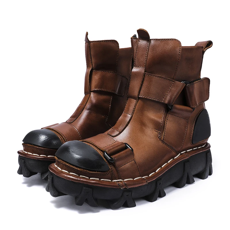Leather Work Western - メンズ本革オートバイブーツ、ゴススカルパンクミッドカーフウエスタンワーク安全ブーツジップノンスリッププラットフォーム