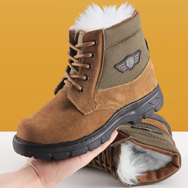 Leather Work Boots - 冬用メンズスノーブーツ 本革 ウール 暖かい アウトドア ラウンドトゥ