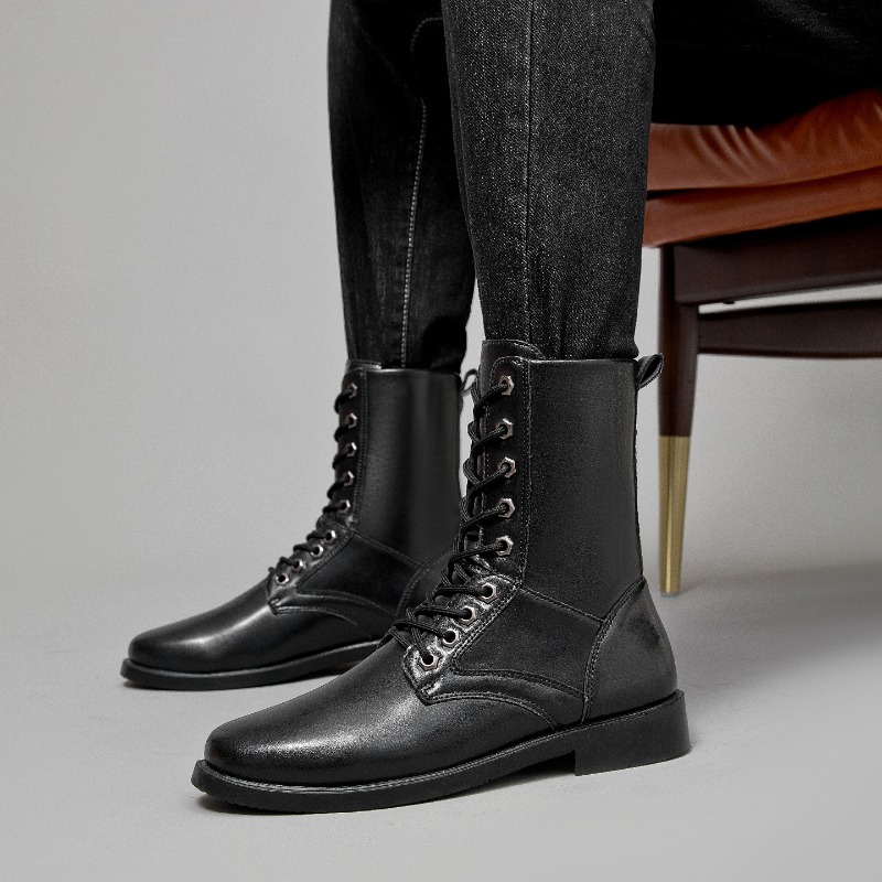 Leather Work Boots - ハイカットレザーブーツ アウトドアタクティカルコンバットブーツ メンズセキュリティブーツ ブラック滑り止めハイキングブーツ ハンティングセーフティシューズ ボタス