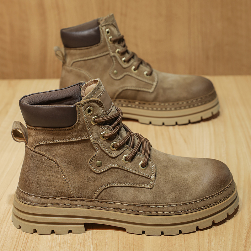 Leather Work Boots - メンズファッション 春のプラットフォームブーツ 快適なレザー製ノンスリップワークシューズ ブラウン カジュアルカウボーイ トレンドフットウェア
