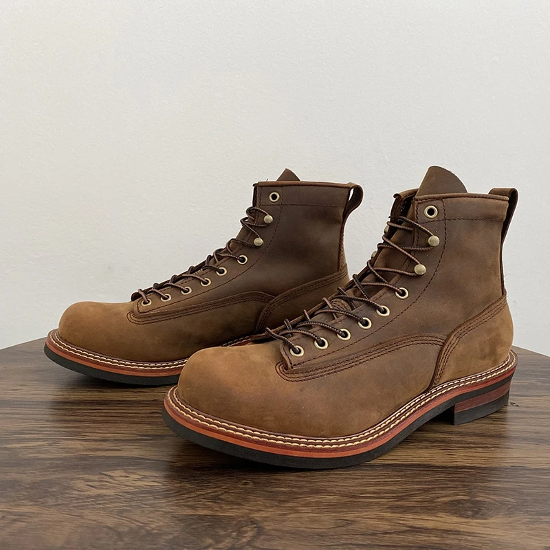 Leather Work Boots - ヴィンテージ英国男性アンクルブーツ手作り高品質牛革靴ツーリングラウンドトゥオートバイブーツ秋冬作業