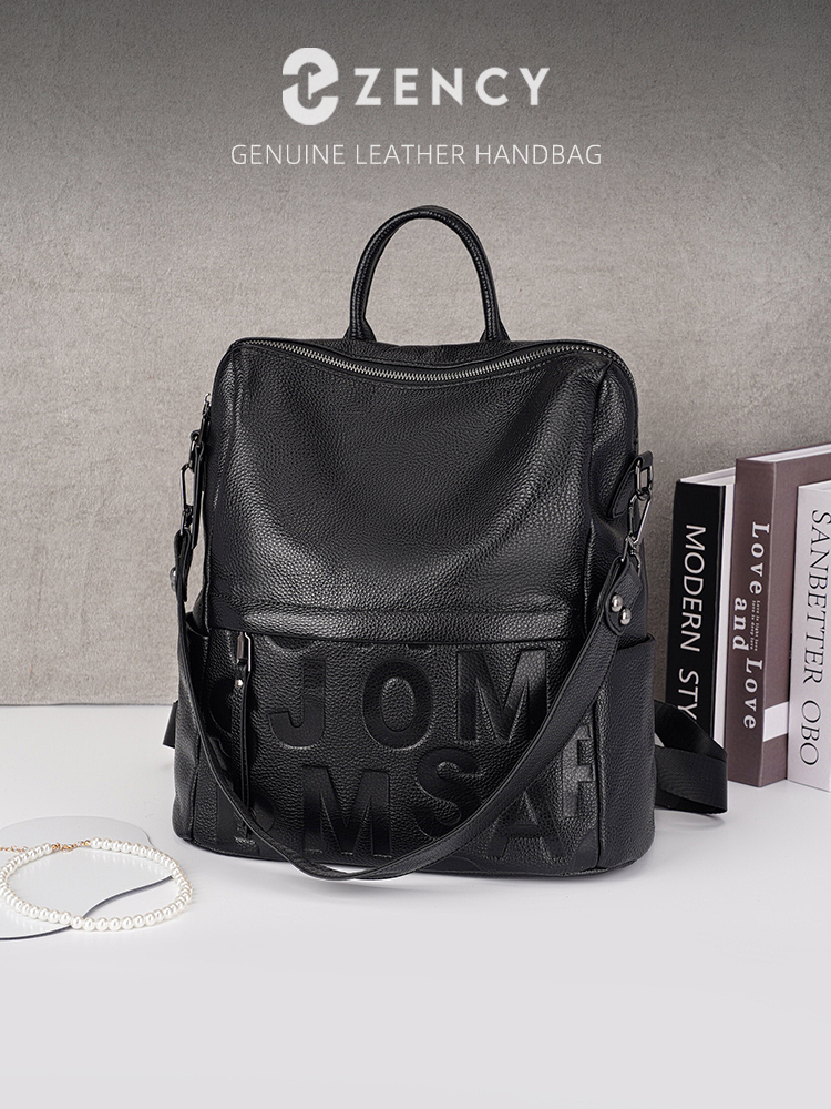 Leather Work Backpack - Zency プレミアム本革レターバックパック 多ポケットデイパック 旅行用コンバーチブルショルダーバッグ 秋冬用 ブラック