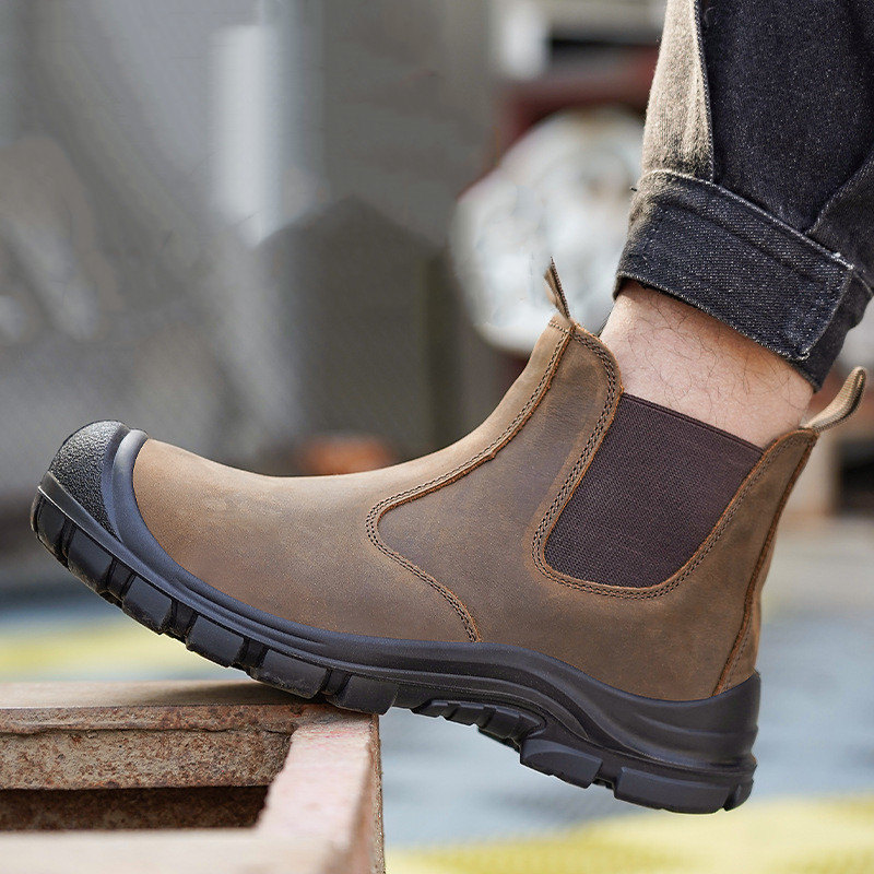 Leather Work Boots - 大きいサイズのメンズファッション、スチールトゥカバー付きワークブーツ、牛革安全靴、黒と茶色の作業用チェルシーブーツ、保護靴