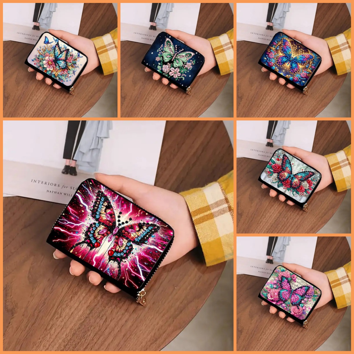 Leatherwork Patterns - 蝶の模様とクリスタル宝石付きのDIYダイヤモンドペインティングセット1個とPUカードケース。お金や銀行カードの収納に適しています。