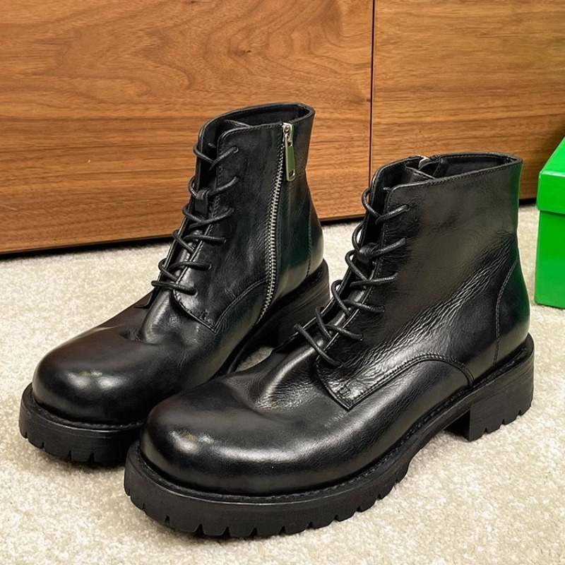 Leather Work Boots - 英国ファッションメンズアンクルブーツ本革レトロレースアップ作業靴屋外ハイキングオートバイブーツ牛革快適