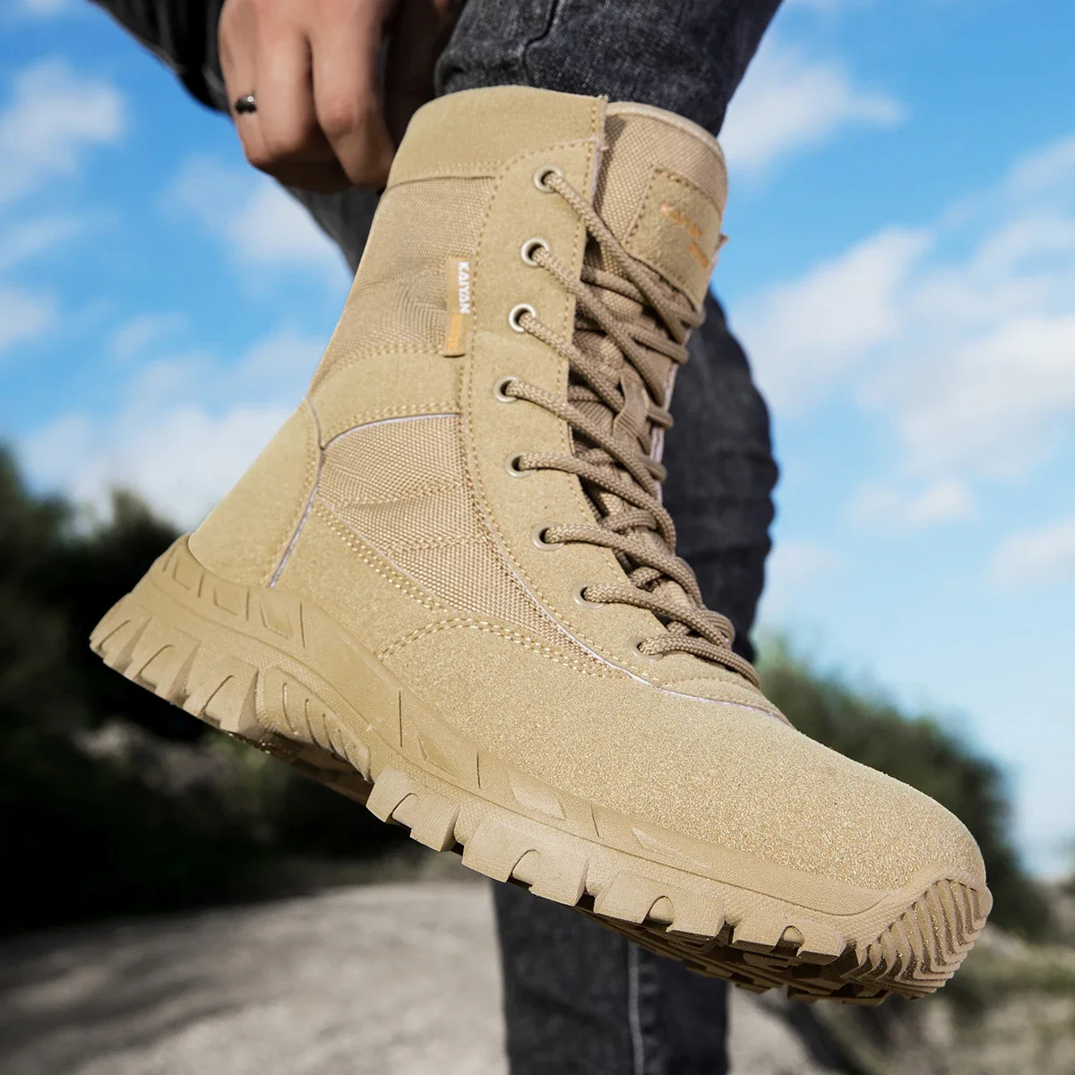 Leather Work Boots - メンズアウトドアハイキングシューズハイトップレザーブーツ戦術ミリタリーブーツ黒厚底靴耐摩耗性ザパティージャス男性
