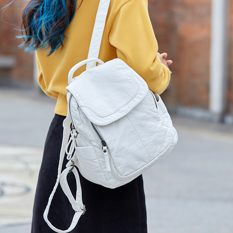 Leather Work Backpack - 女性のための白いウォッシュレザーバックパック、ティーンエイジャーの女の子のための小さなランドセル、すべてが一致するカジュアルなトラベルバッグ
