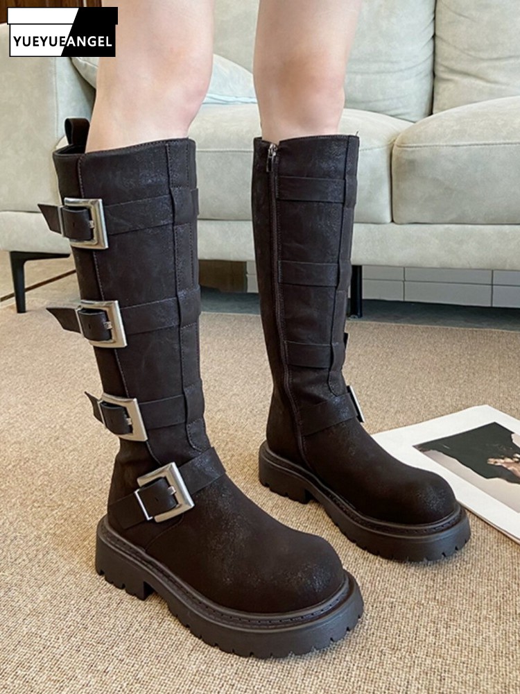 Leather Work Boots - ファッション女性用マルチバックルニーハイブーツ厚底プラットフォームハイカットバイクブーツパンクスタイルワークセーフティナイトシューズ