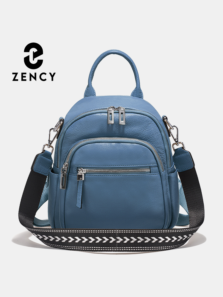 Leather Work Backpack - Zency 本革小型バックパックナップザックマルチポケットデザインワイドストラップコンバーチブルショルダーバッグ旅行通勤用