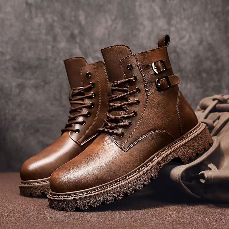 Leather Work Boots - メンズ秋冬大きいサイズ本革ハイカットブーツ厚底滑り止めジッパー付き裏起毛暖かいワークブーツバイクブーツ