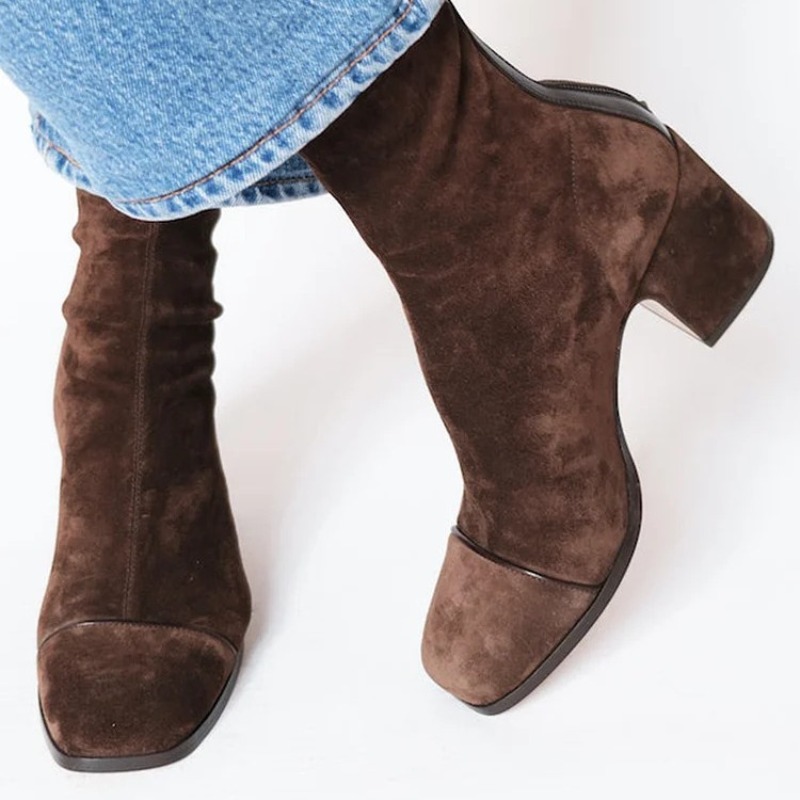 Leather Work Western - スエードレザーの女性のブーツポインテッドトゥジッパー付きウエスタンカウボーイブーツ女性用アンクルブーツブロックヒールワークブーツ女性の靴