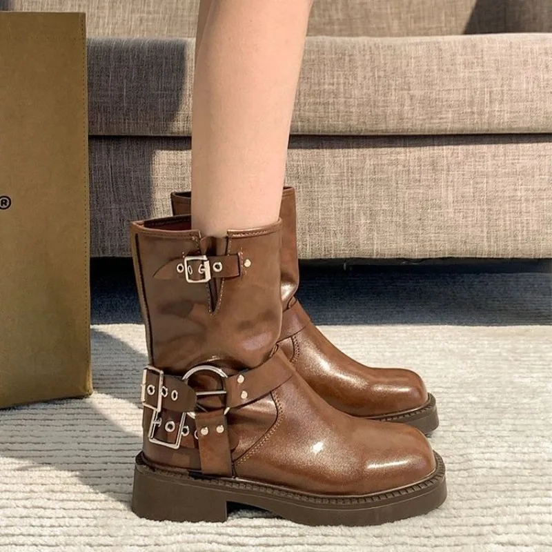 Leather Work Western - 女性のアンクルブーツ秋の仕事ファッションエレガントなパンク新黒高級ローヒールラウンドトゥレザードロップシッピングセンターシューズ