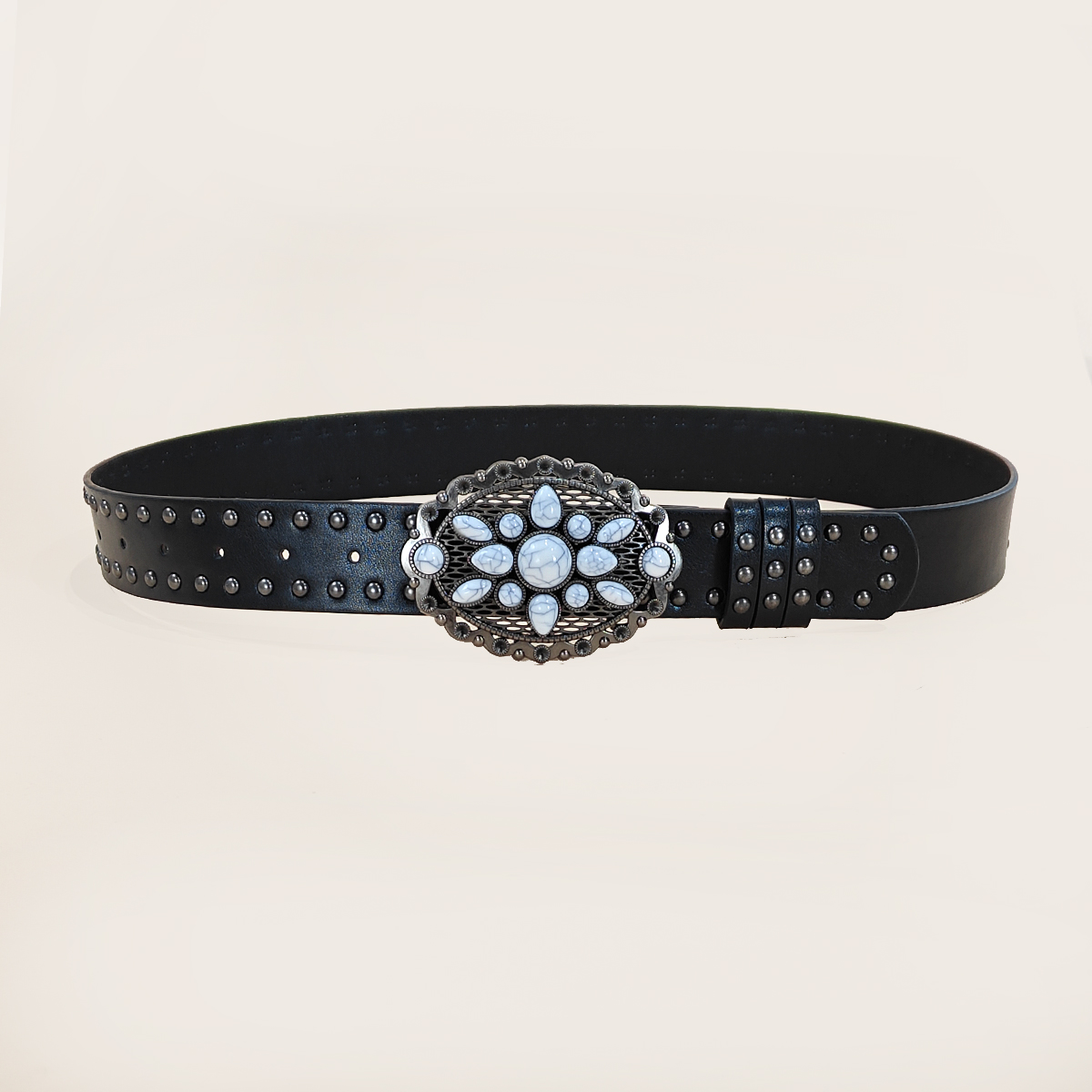男女兼用カジュアルパンクリベットベルト、ターコイズバックル付 - Leather Work Western のレビューと価格