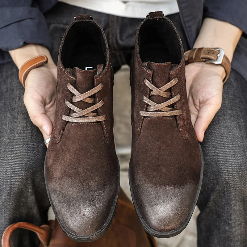 新しい牛革スエードアンクルブーツ手作りヴィンテージ英国男性レ - Leather Work Boots のレビューと価格