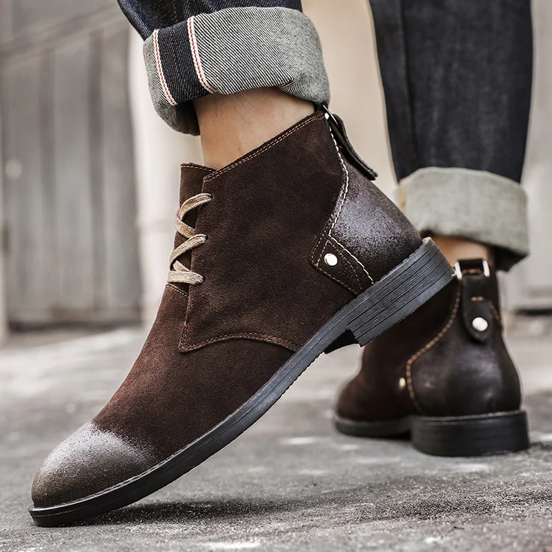 新しい牛革スエードアンクルブーツ手作りヴィンテージ英国男性レ - Leather Work Boots のレビューと価格