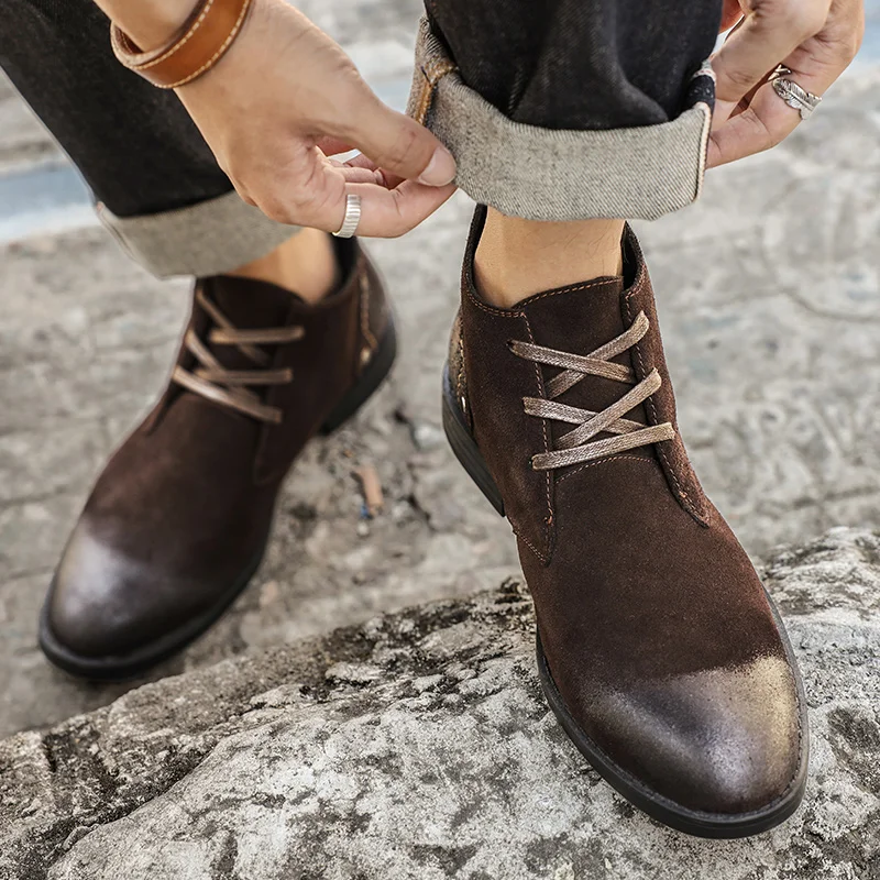 新しい牛革スエードアンクルブーツ手作りヴィンテージ英国男性レ - Leather Work Boots のレビューと価格