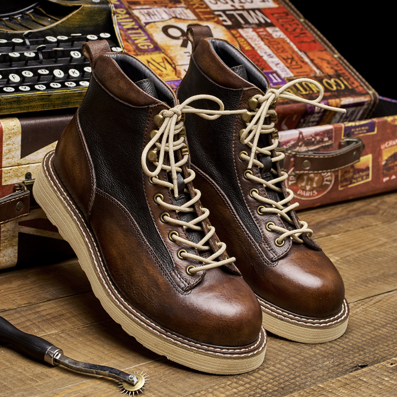 メンズショートトゥワークブーツ、アメカジスタイル本革ハイカッ - Leather Work Boots のレビューと価格
