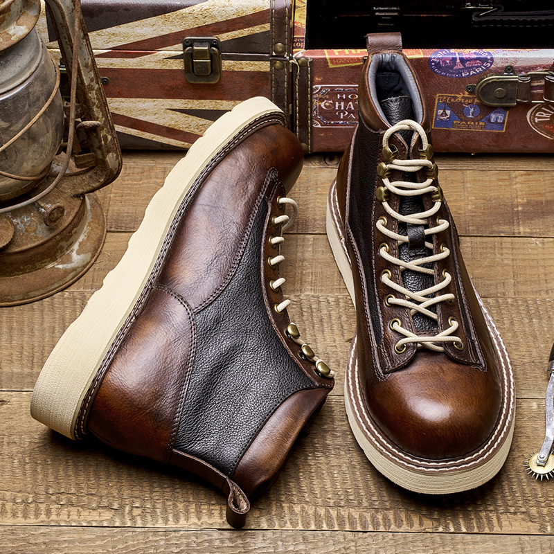 メンズショートトゥワークブーツ、アメカジスタイル本革ハイカッ - Leather Work Boots のレビューと価格
