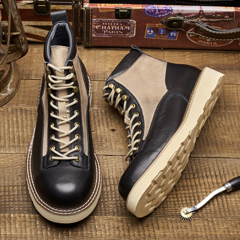 メンズショートトゥワークブーツ、アメカジスタイル本革ハイカッ - Leather Work Boots のレビューと価格