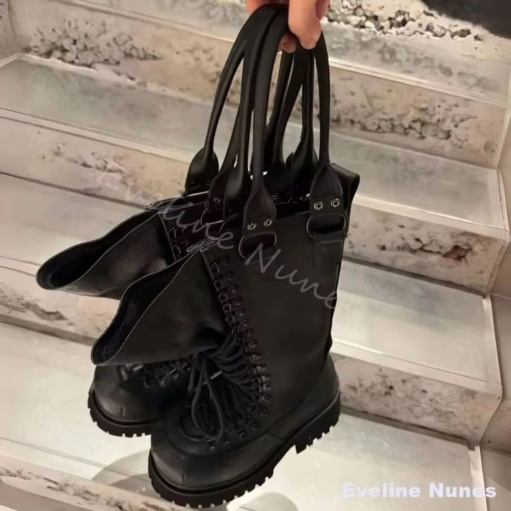 レトロ本革オートバイブーツ女性ビッグトゥレースアッププラット - Leather Work Boots のレビューと価格