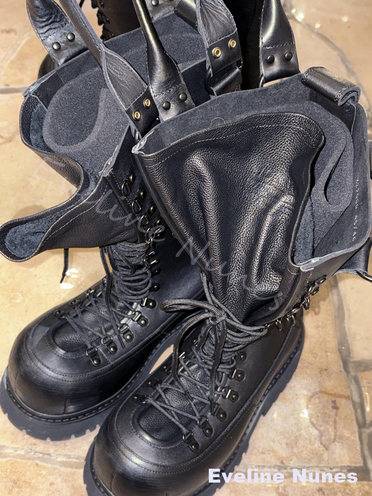 レトロ本革オートバイブーツ女性ビッグトゥレースアッププラット - Leather Work Boots のレビューと価格