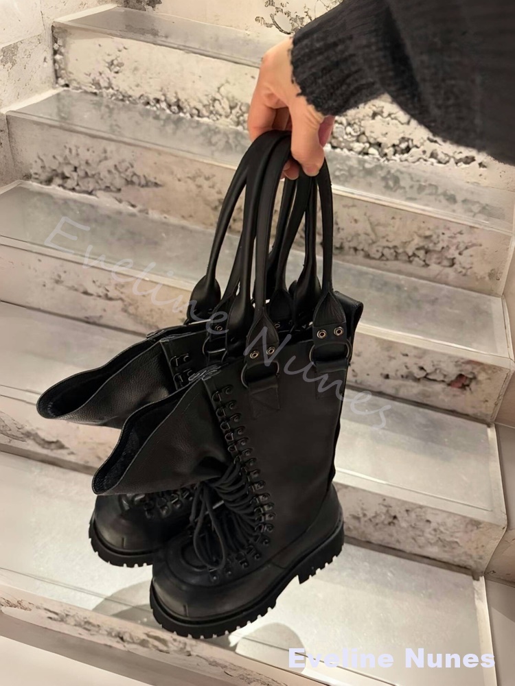 レトロ本革オートバイブーツ女性ビッグトゥレースアッププラット - Leather Work Boots のレビューと価格