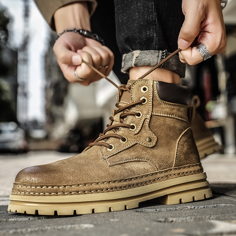 メンズファッション 春のプラットフォームブーツ 快適なレザー - Leather Work Boots のレビューと価格