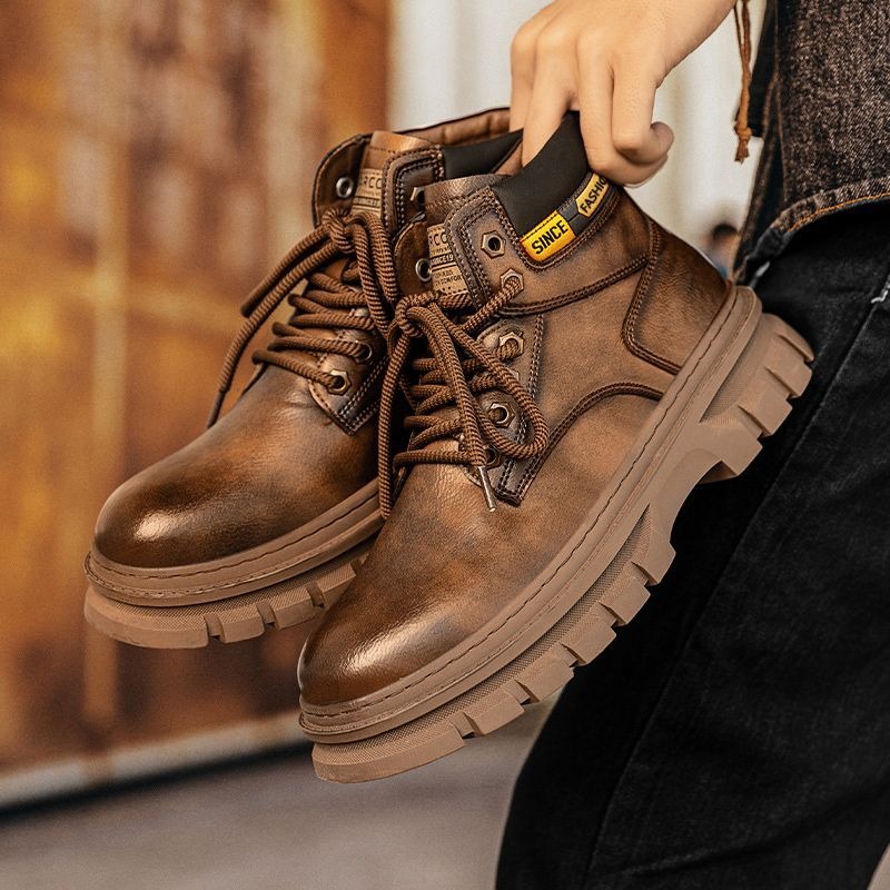 ヴィンテージ メンズ プラットフォーム アンクルブーツ 秋冬 - Leather Work Boots のレビューと価格