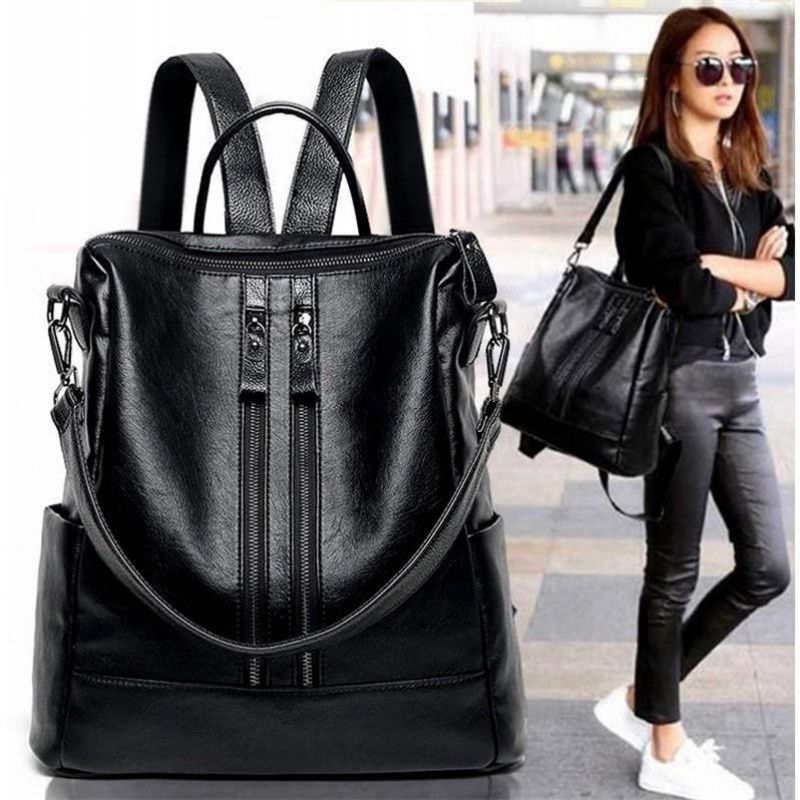 女性ソフトレザーバックパックスクールブラックカジュアル多機能 - Leather Work Backpack のレビューと価格