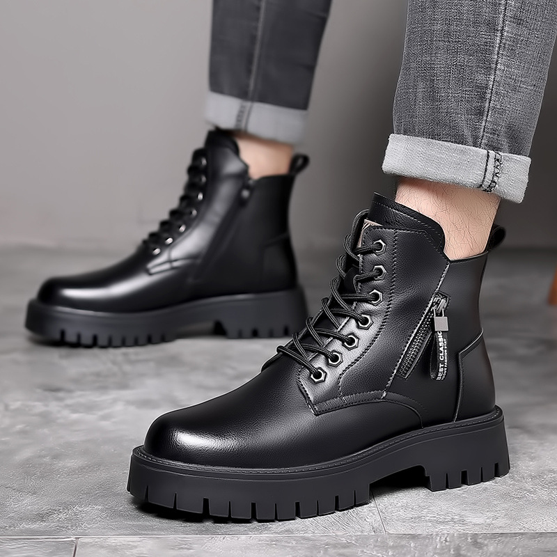 男性クラシック本革ブーツ秋冬防水暖かいプラットフォーム作業靴 - Leather Work Boots のレビューと価格