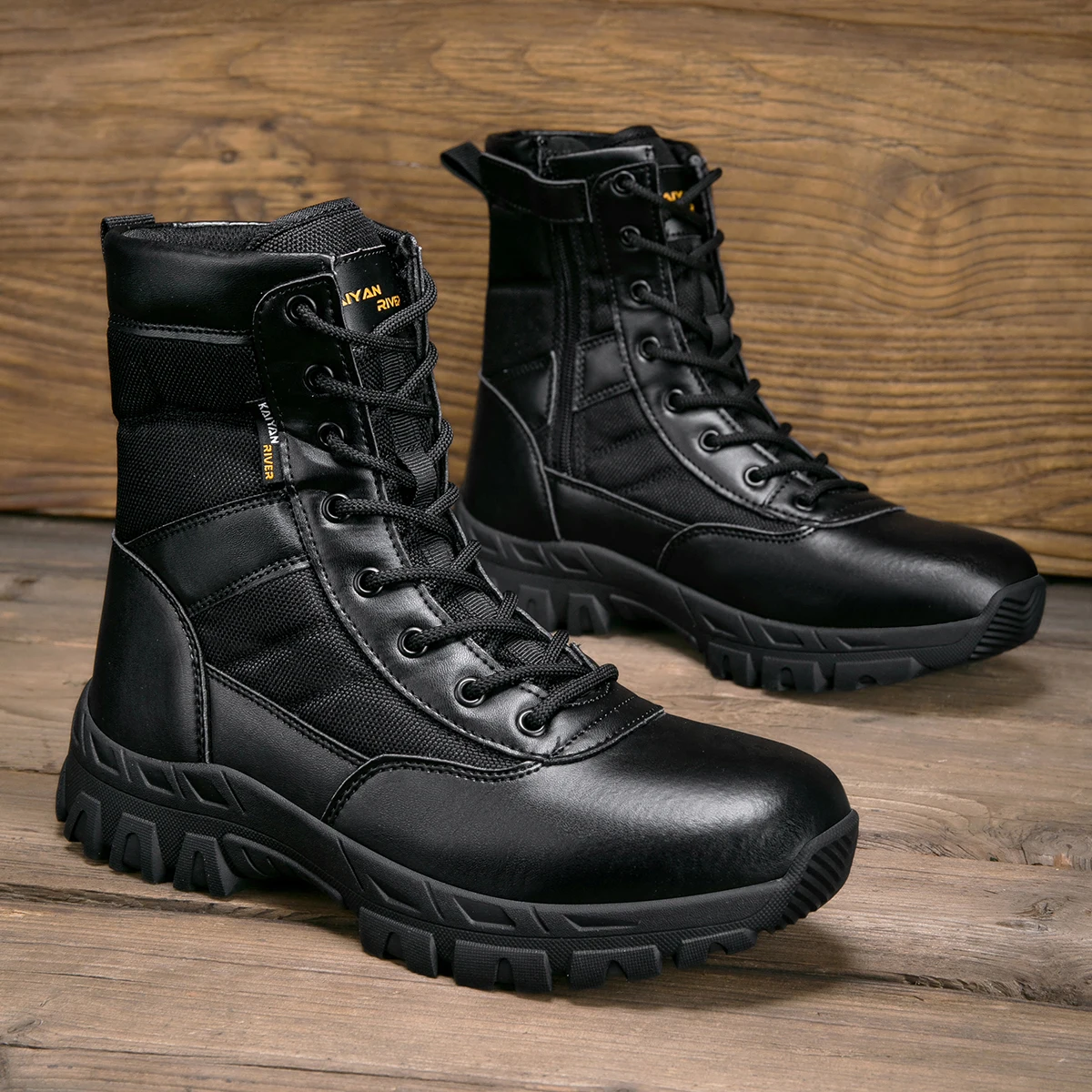 メンズアウトドアハイキングシューズハイトップレザーブーツ戦術 - Leather Work Boots のレビューと価格