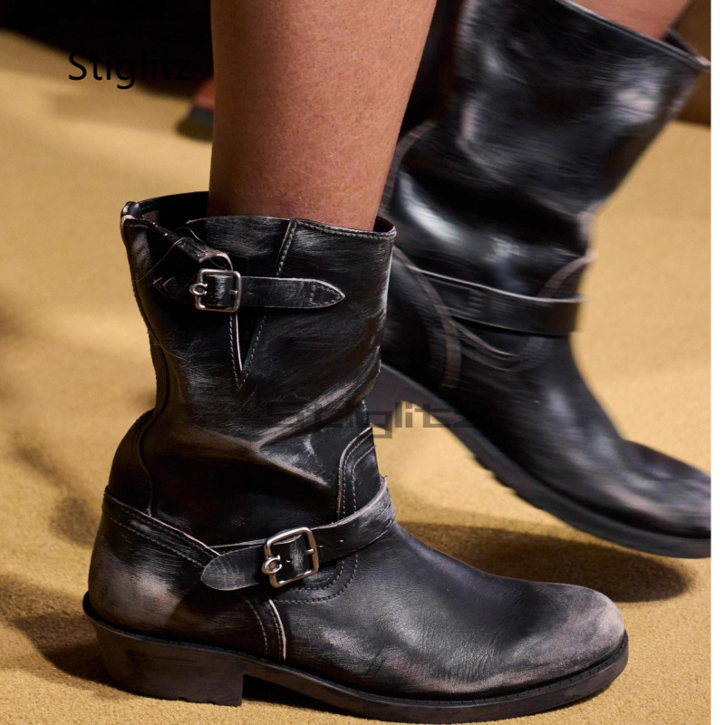 レトロなウエスタンカウボーイブーツ男性女性用ディストレストレ - Leather Work Western のレビューと価格