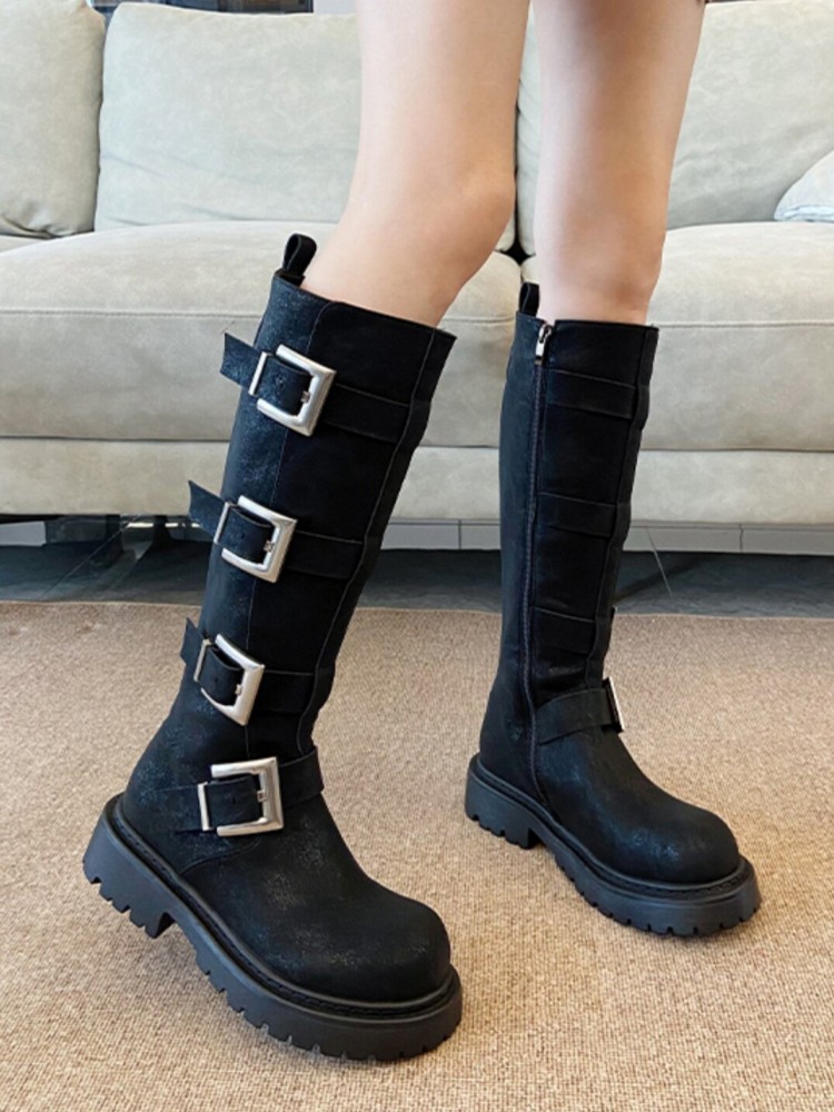 ファッション女性用マルチバックルニーハイブーツ厚底プラットフ - Leather Work Boots のレビューと価格