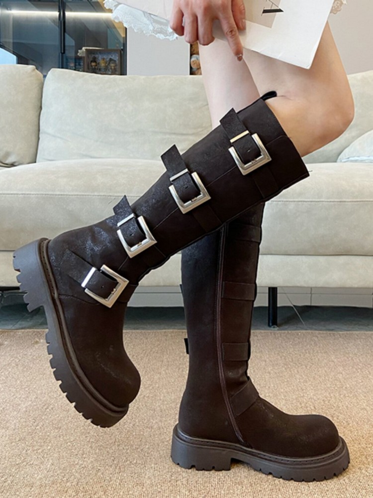 ファッション女性用マルチバックルニーハイブーツ厚底プラットフ - Leather Work Boots のレビューと価格