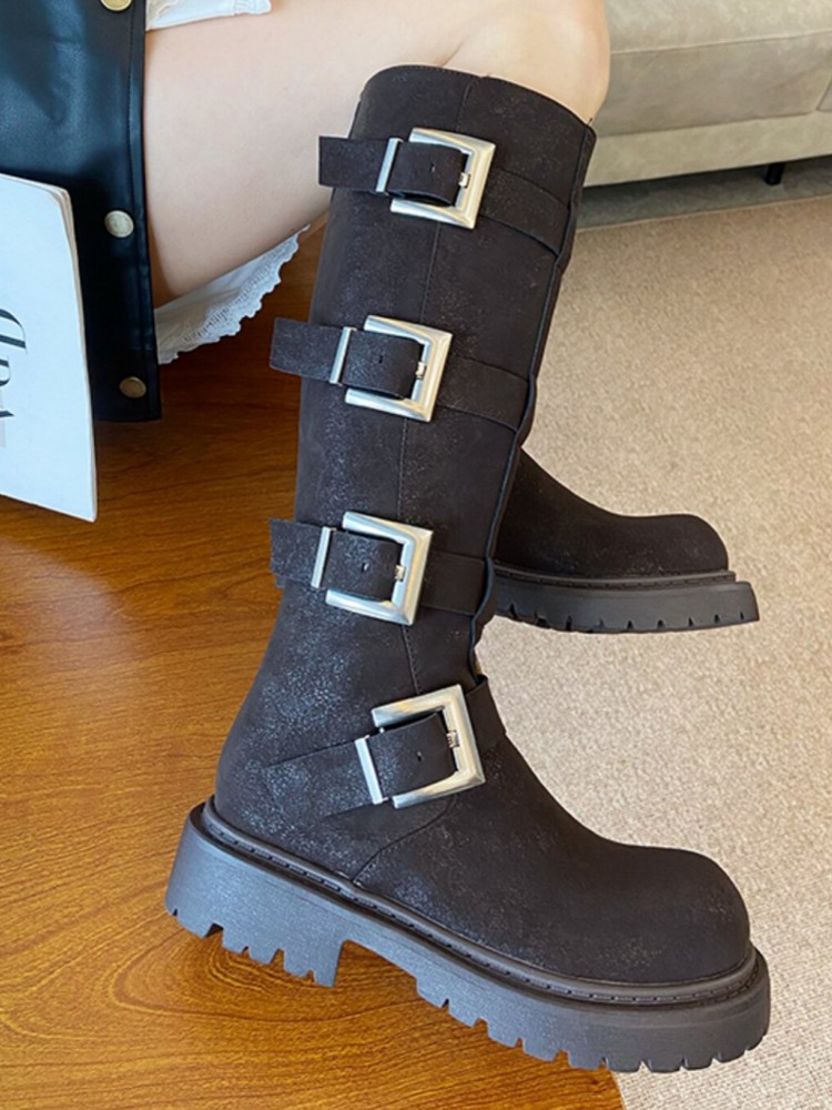 ファッション女性用マルチバックルニーハイブーツ厚底プラットフ - Leather Work Boots のレビューと価格