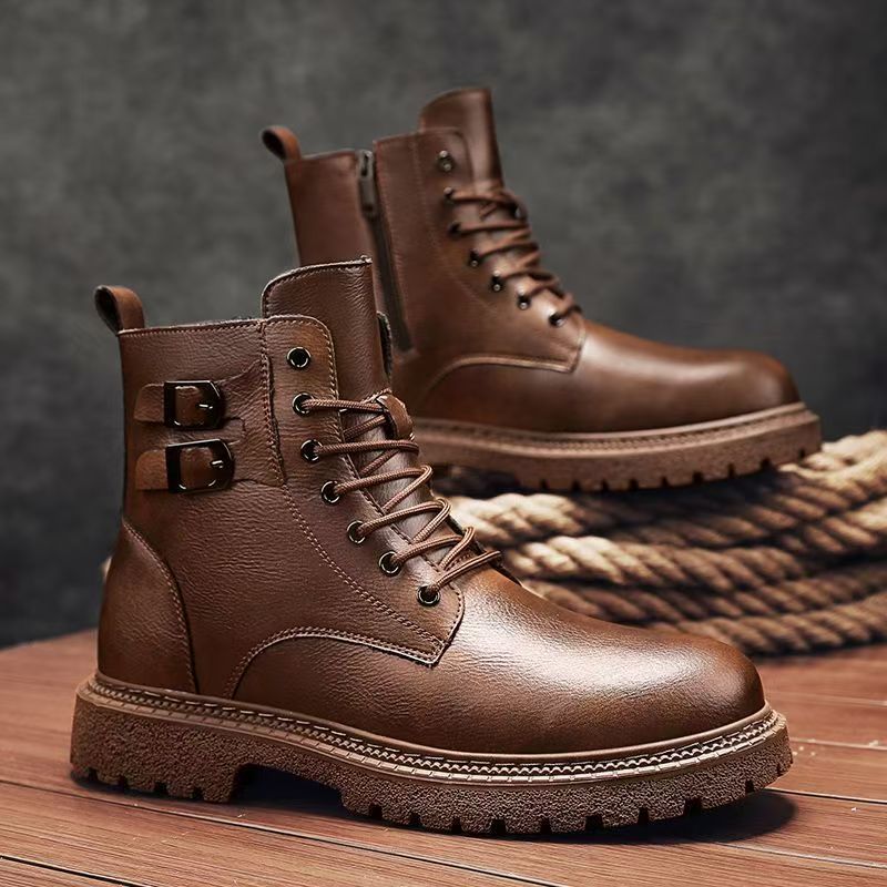 メンズ秋冬大きいサイズ本革ハイカットブーツ厚底滑り止めジッパ - Leather Work Boots のレビューと価格